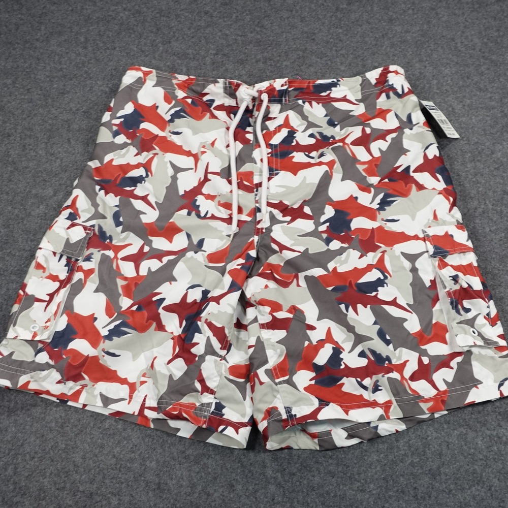 Reel Legends Mens XXL Shark Camo Cargo Swim Trunks Red White Grey 1624 NEW